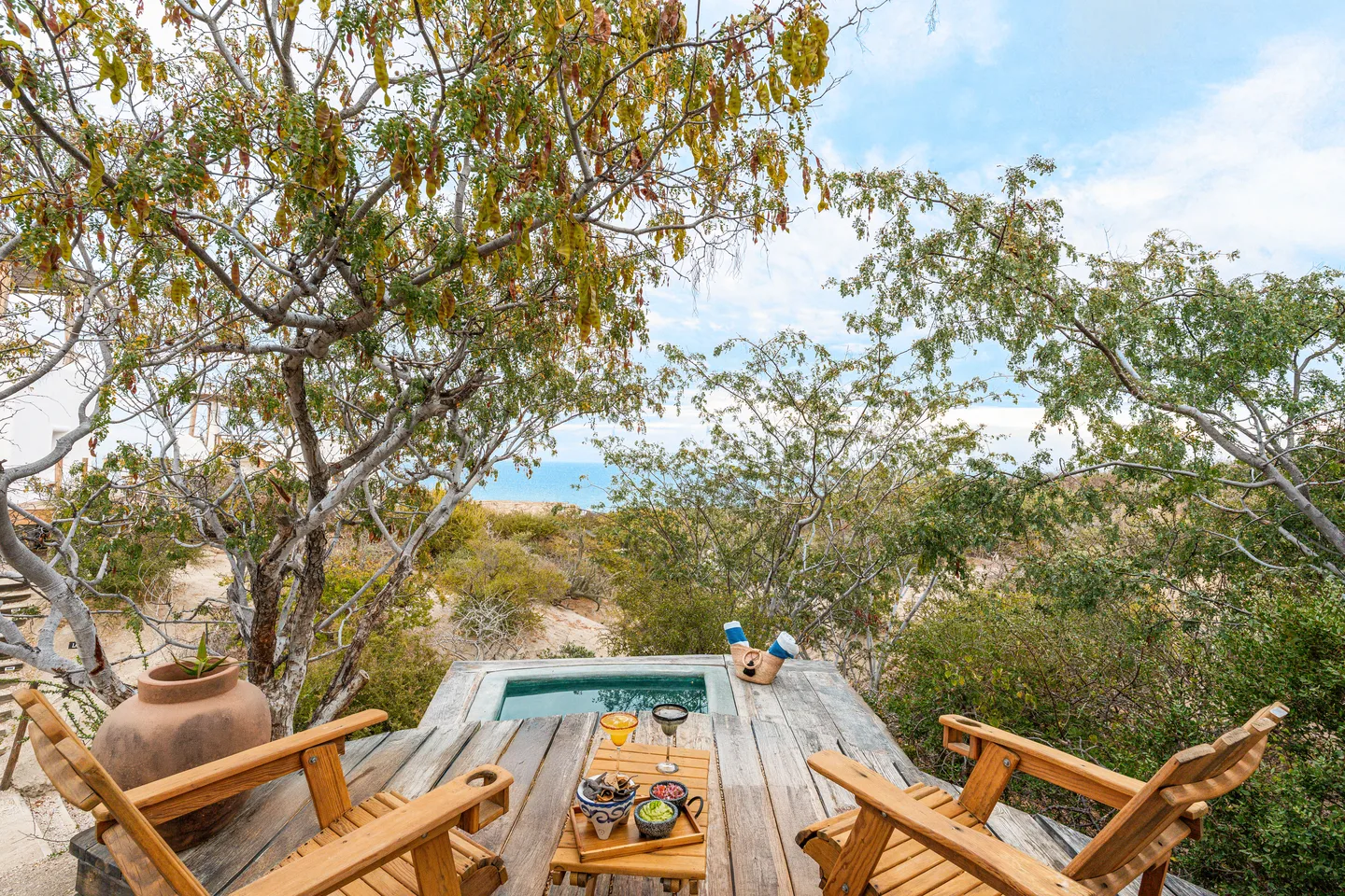 Plunge pool deck set with drinks among the desert trees — NEST Baja